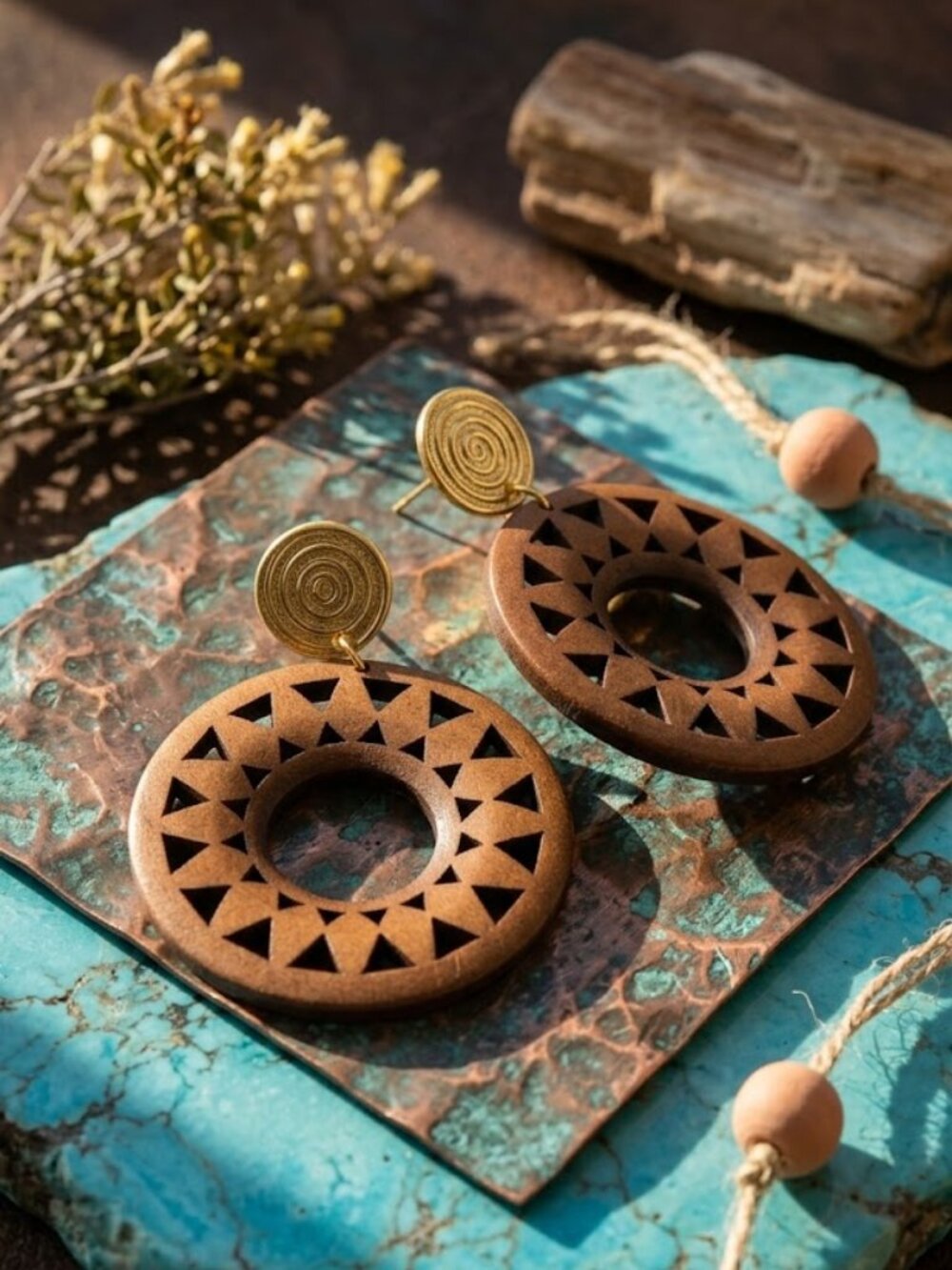 Boho Wood Geometric Cutout Dangle Earrings 14K Gold Plated Southwestern 2.7"